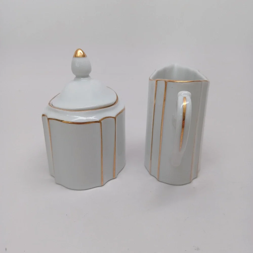 Lord & Taylor Vintage Porcelain Sugar Bowl and Creamer Set Gold Gilt Japan White
